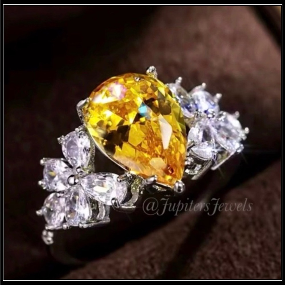 Clearance! NEW 925 SILVER YELLOW CITRINE PEAR SIMULATED DIAMOND COCKTAIL RING
